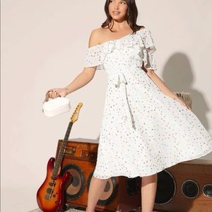 Polka dot, ruffle trim, asymmetrical neck, belted Chiffon dress